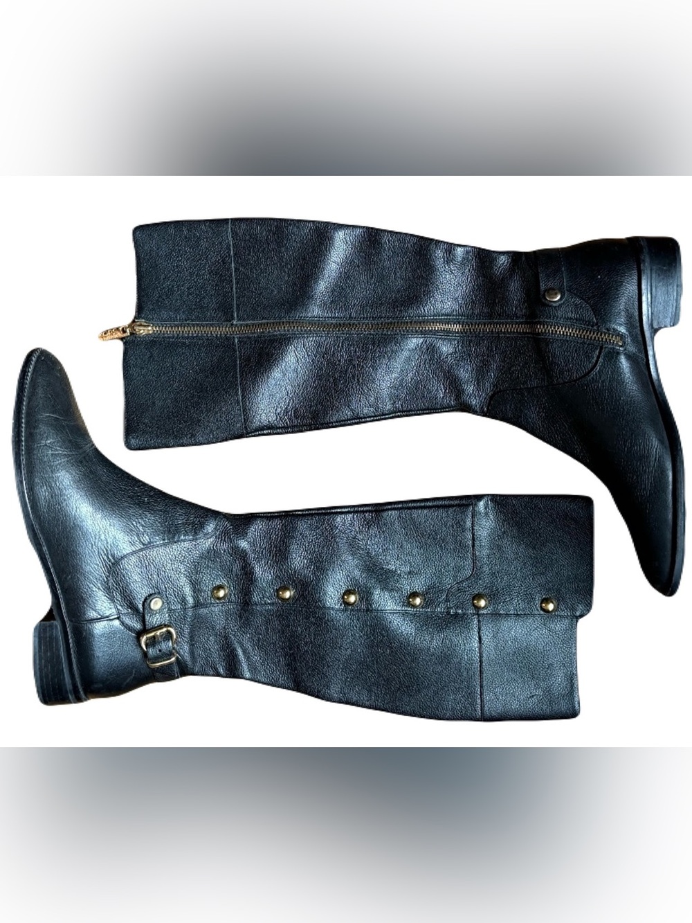 Michael Kors Black Leather Over-the-Knee Boots with Gold Accents